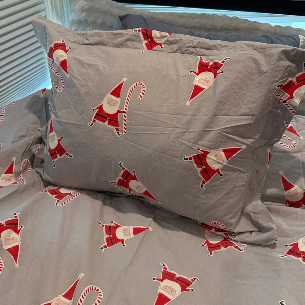West Elm Festive Santa Twin Bedding Set - Gray and Red